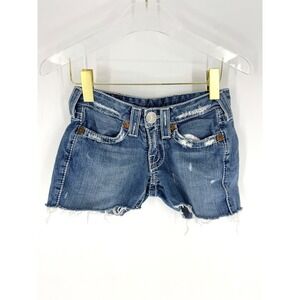 True Religion Jennifer Big T Blue Denim Cut Off Shorts Low Rise‎ Distressed 24